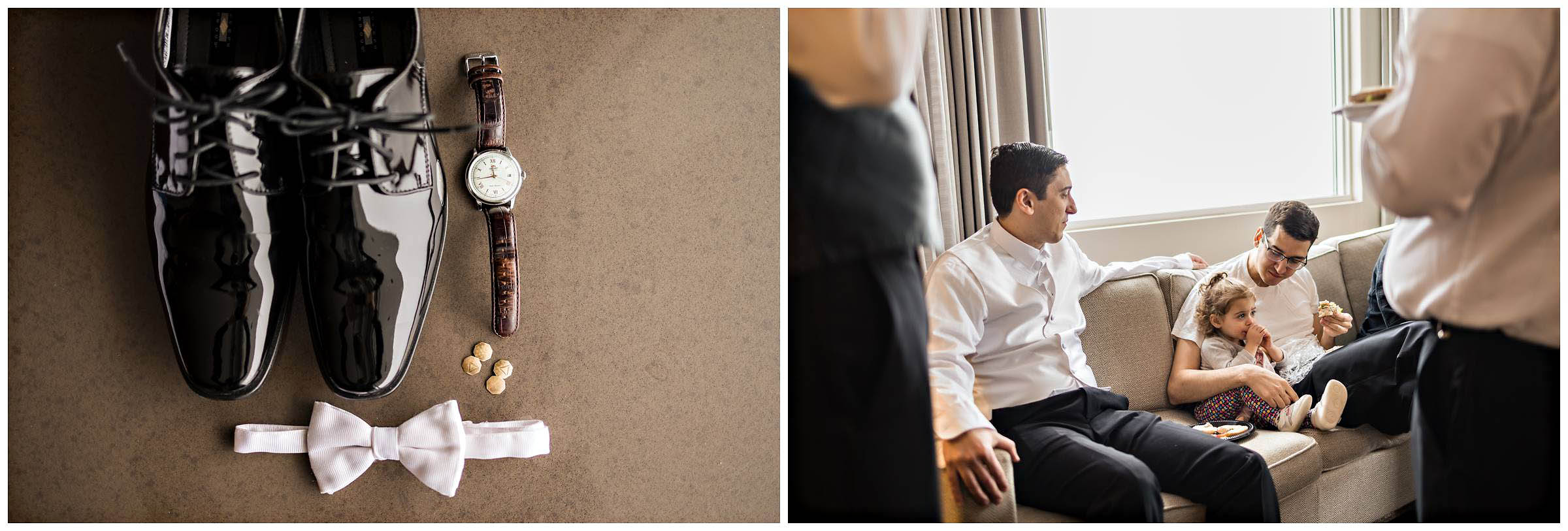 Detailed shot of groom's shoes, watch, cuff links, bowtie; groomsmen are sitting on couch with little girl by Detroit Wedding Photographer Michele Maloney