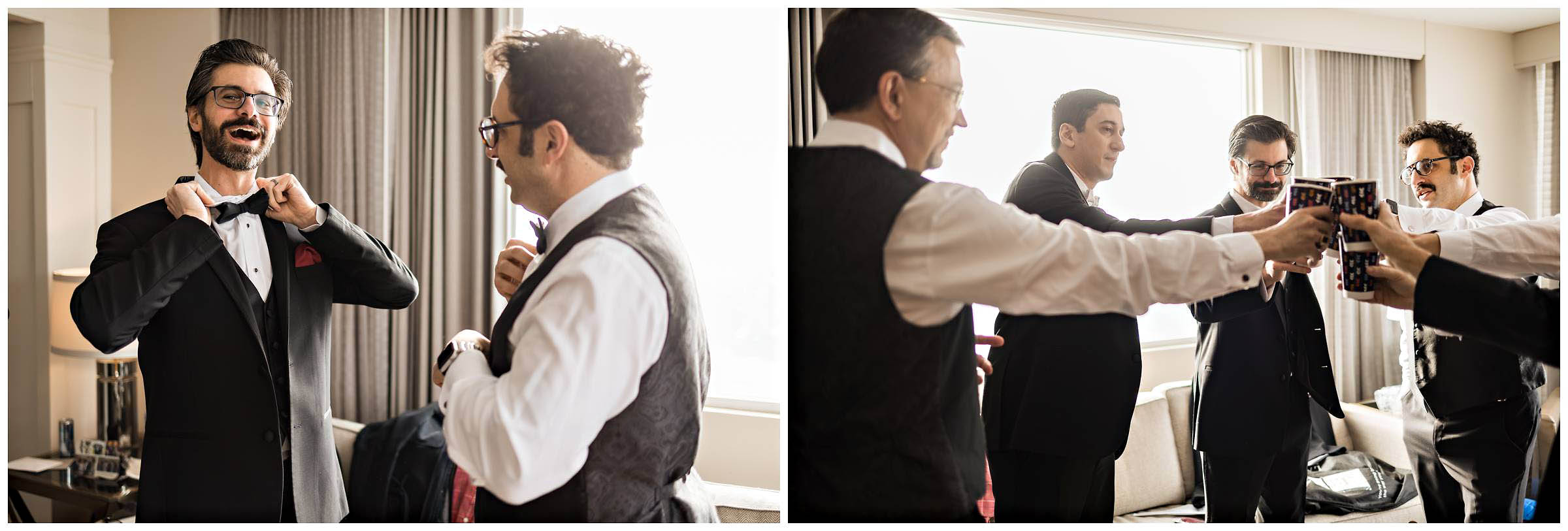 Groomsmen are all getting ready and having a pre ceremony cheers by Detroit Wedding Photographer Michele Maloney 