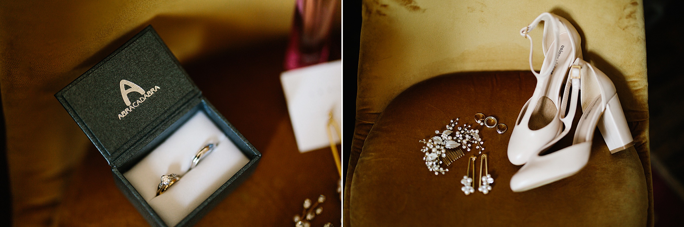 Shot of the rings, bride's shoes, and jewelry pieces by Detroit Wedding Photographer Michele Maloney