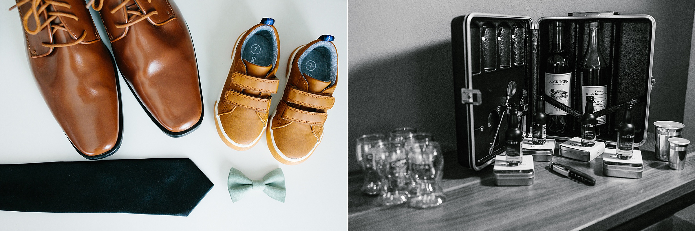 Groom's shoes and tie sitting next to the ring bearer's shoes and bowtie; black and white photo of the groomsmen's mini drinking bar set up for while they get ready by Detroit Wedding Photographer Michele Maloney 