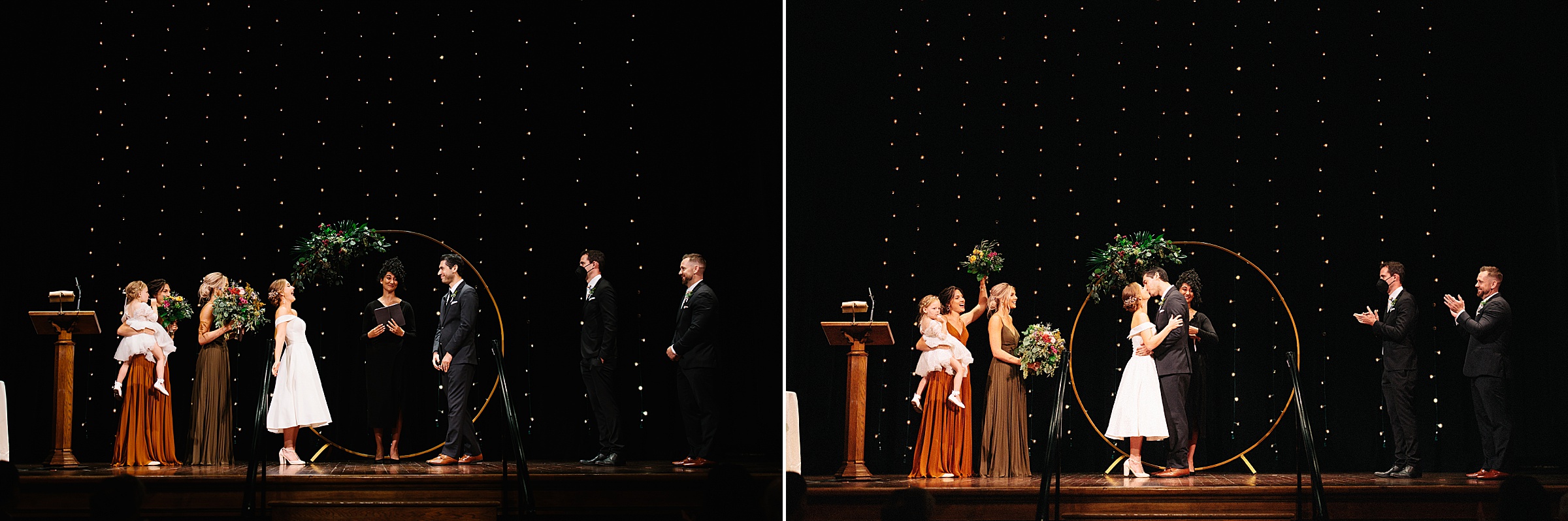 Faraway shot of the bride and groom looking at each other during ceremony; faraway shot of the groom kissing his new bride at the Gem Theater wedding by Detroit Wedding Photographer Michele Maloney 