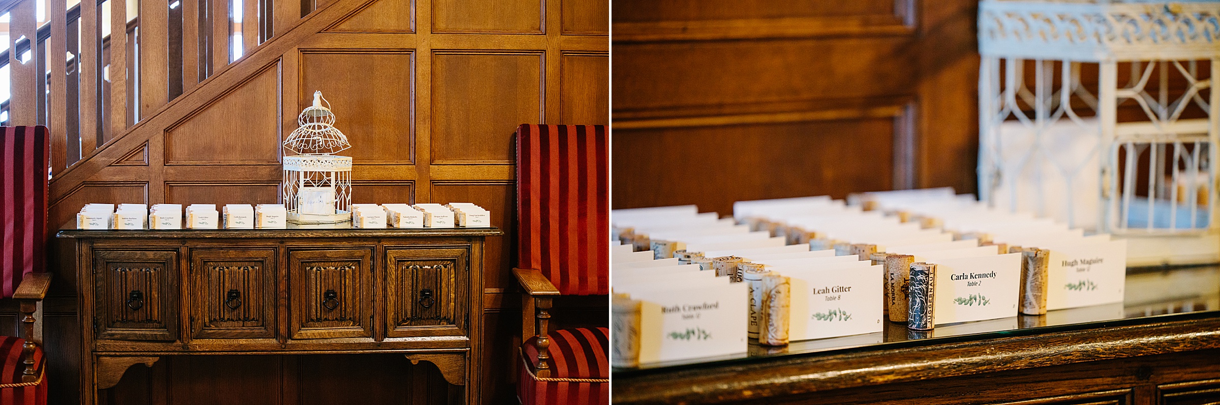 Shot of guest cards next to bird cage at the Gem Theater Wedding reception by Detroit Wedding Photographer Michele Maloney 
