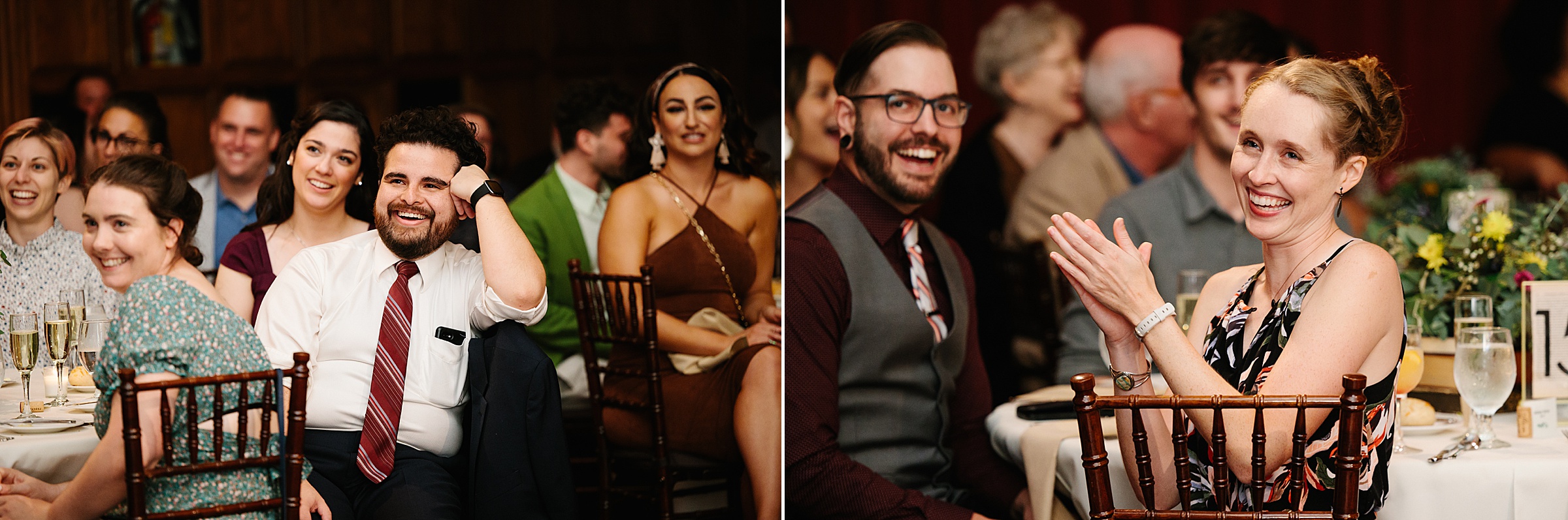 Guests laugh and smile as they listen to toasts at the Gem Theater wedding reception by Detroit Wedding Photographer Michele Maloney