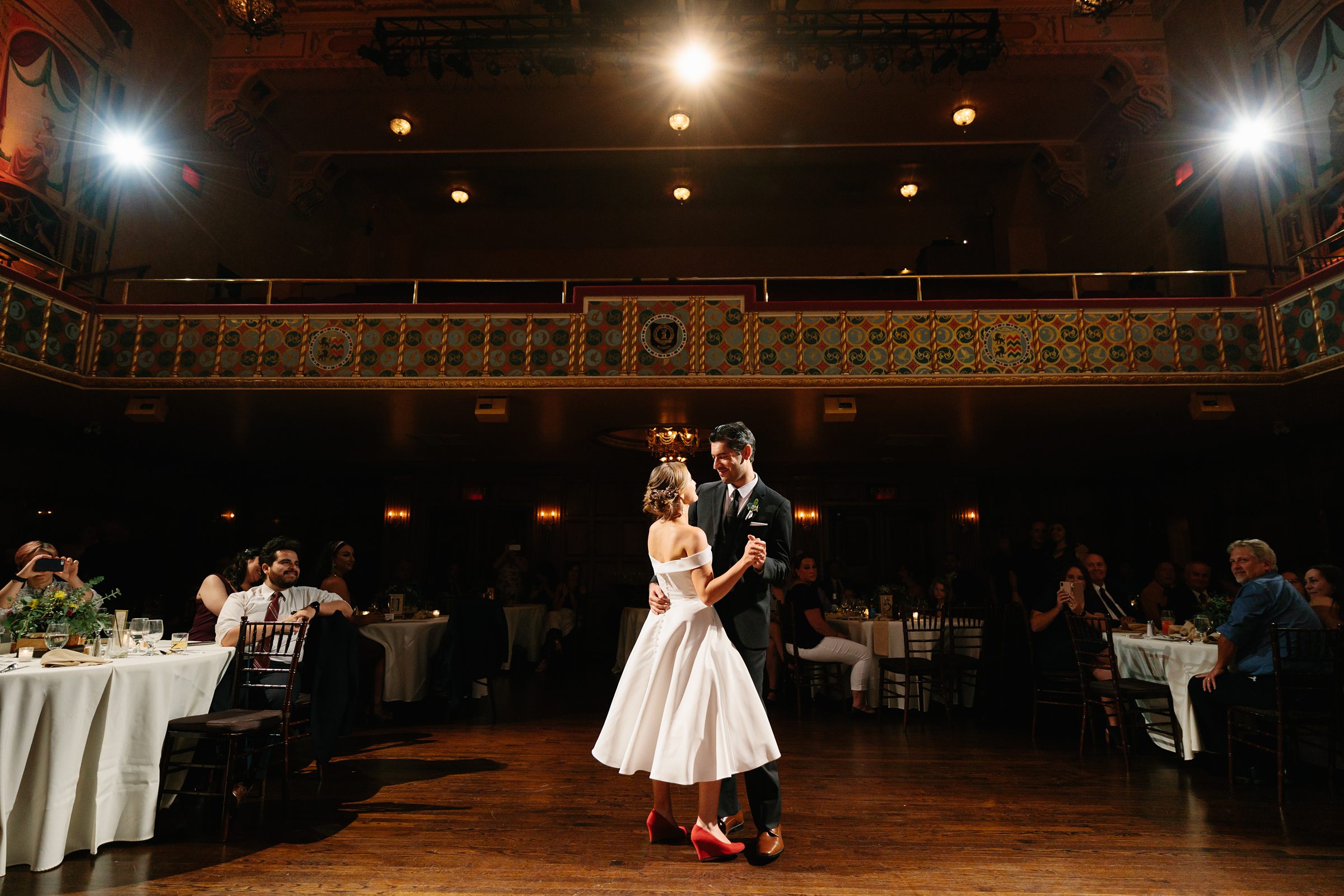 Bride and groom dance during their reception at the Gem Theater Wedding by Detroit Wedding Photographer Michele Maloney
