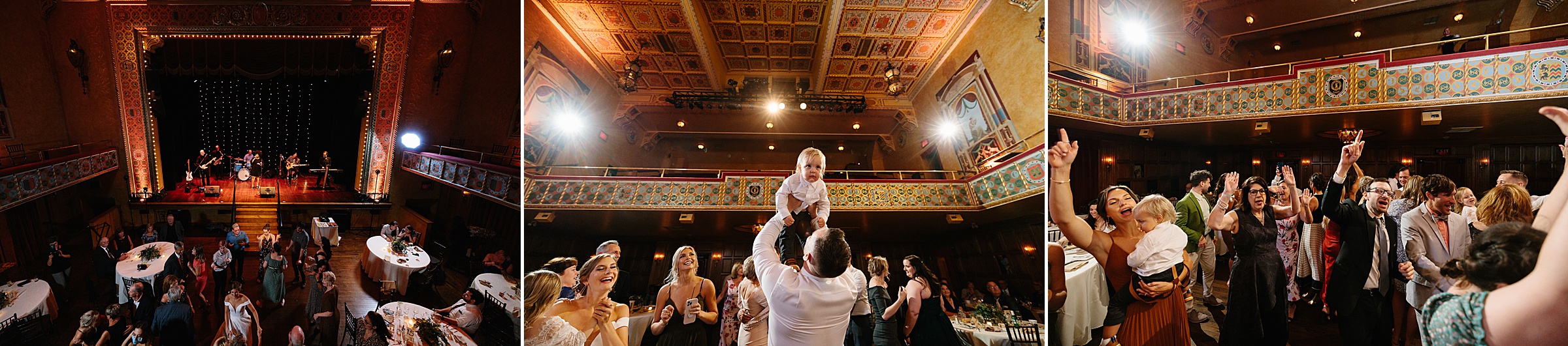 Faraway shot of a band playing during the wedding reception; child is lifted up on the dance floor; guests dance together at the Gem Theater Wedding by Detroit Wedding Photographer Michele Maloney
