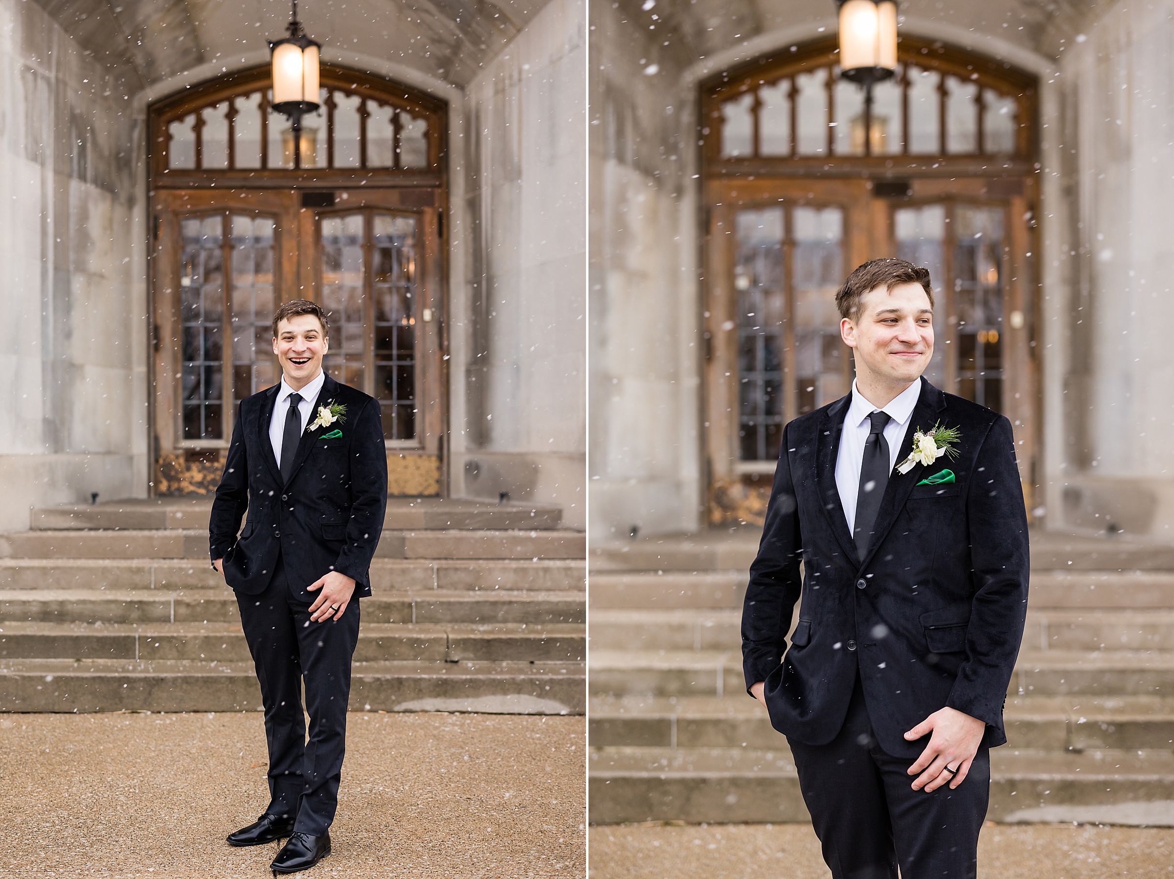 Groom smilies for solo portraits outside in the snow by Detroit Wedding Photographer Michele Maloney