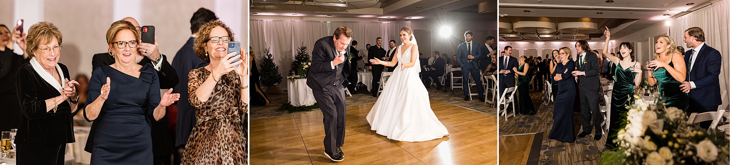 Family members record loved ones dancing at the reception; bride dances and laughs with loved on at the dance floor; bridal party and guests enjoy watching others on the dance floor at the H Hotel by Detroit Wedding Photographer Michele Maloney 