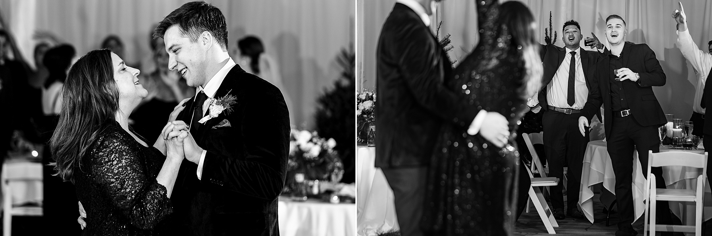 Black and white photo of mother and son dance; black and white photo of loved ones watching mother of groom dancing by Detroit Wedding Photographer Michele Maloney