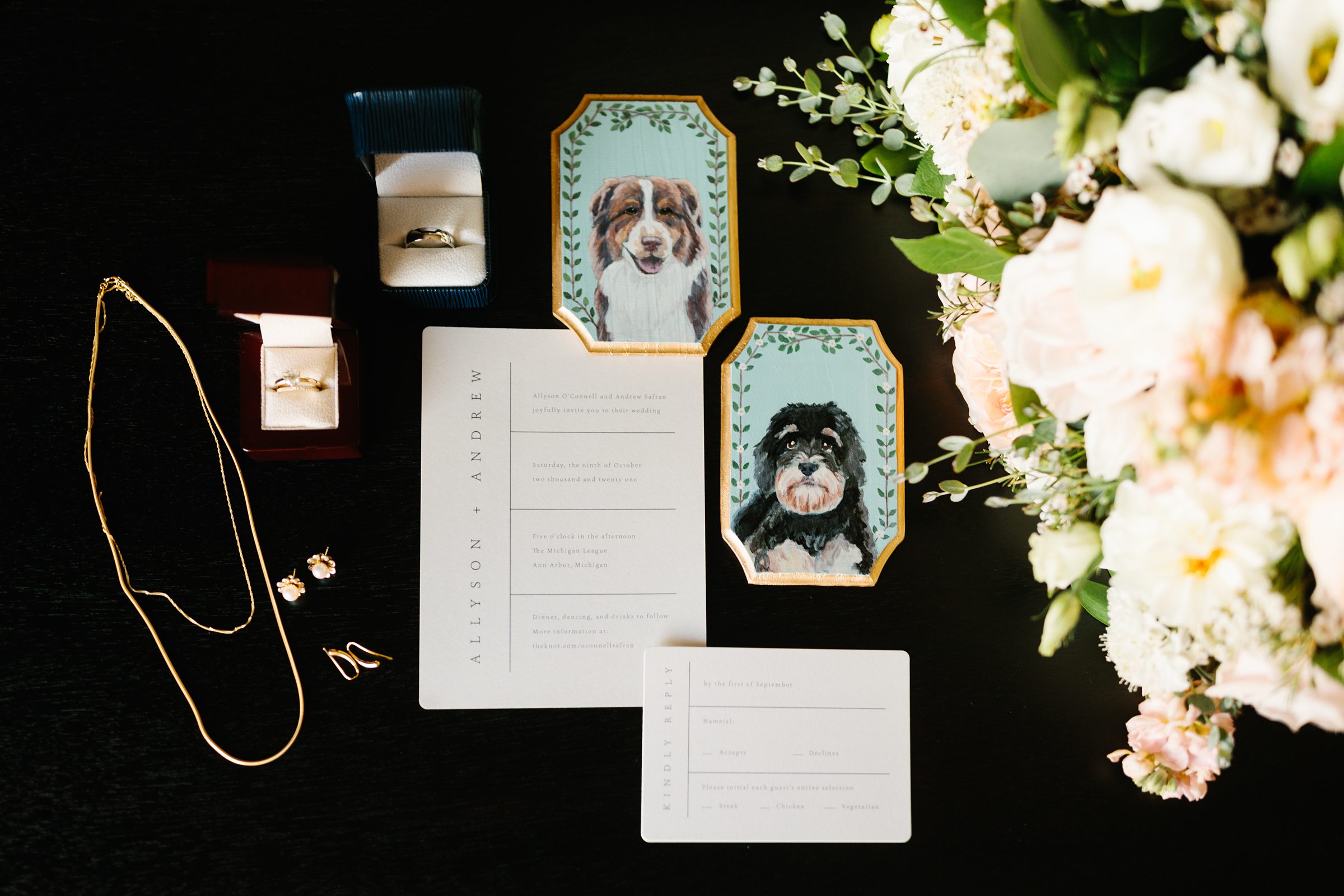 Detailed shot of wedding invitations, wedding bouquet, bridal jewelry, wedding ring, and dog portraits by Detroit Wedding Photographer Michele Maloney