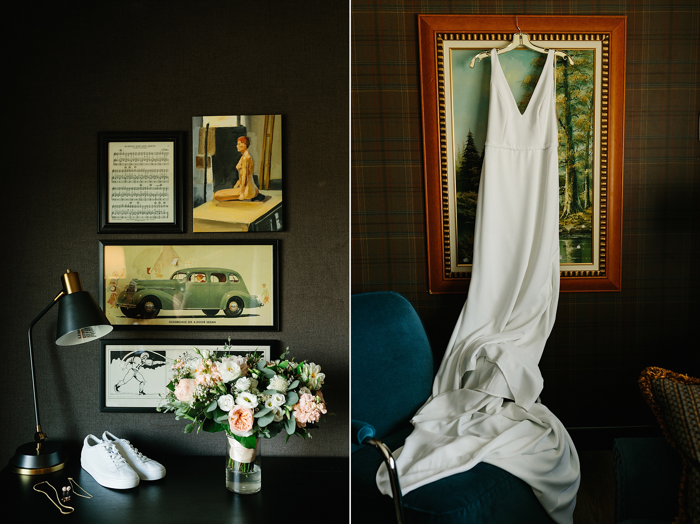 Detailed shot of art and music hanging on the walls, a lamp, shoes, and flowers sit on a table where the bridal party is getting ready; the wedding dress is draped over a painting as the girls get ready by Detroit Wedding Photographer Michele Maloney