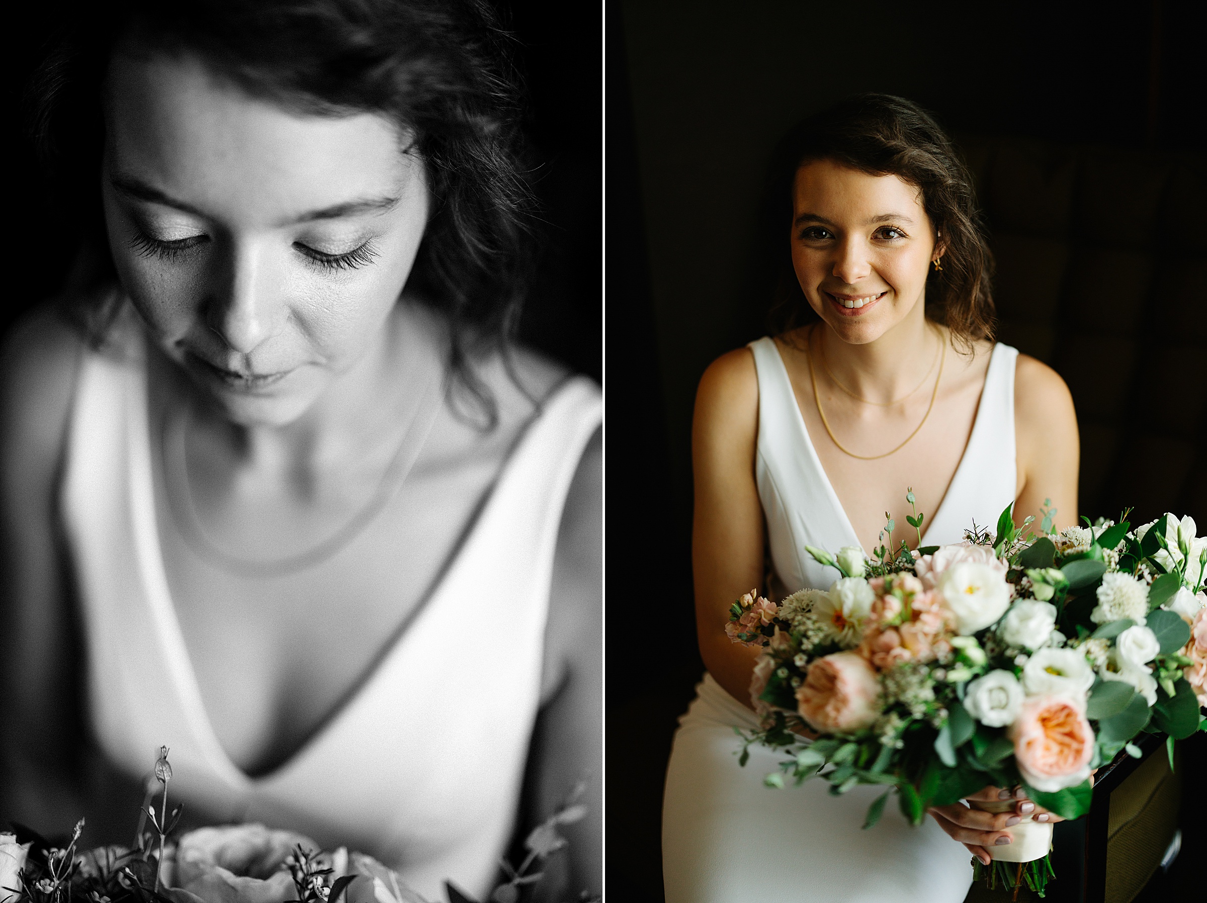 Black and white photo of the bride holding her bouquet and looking down; bride smiles for a close up portrait while holding her bouquet by Detroit Wedding Photographer Michele Maloney