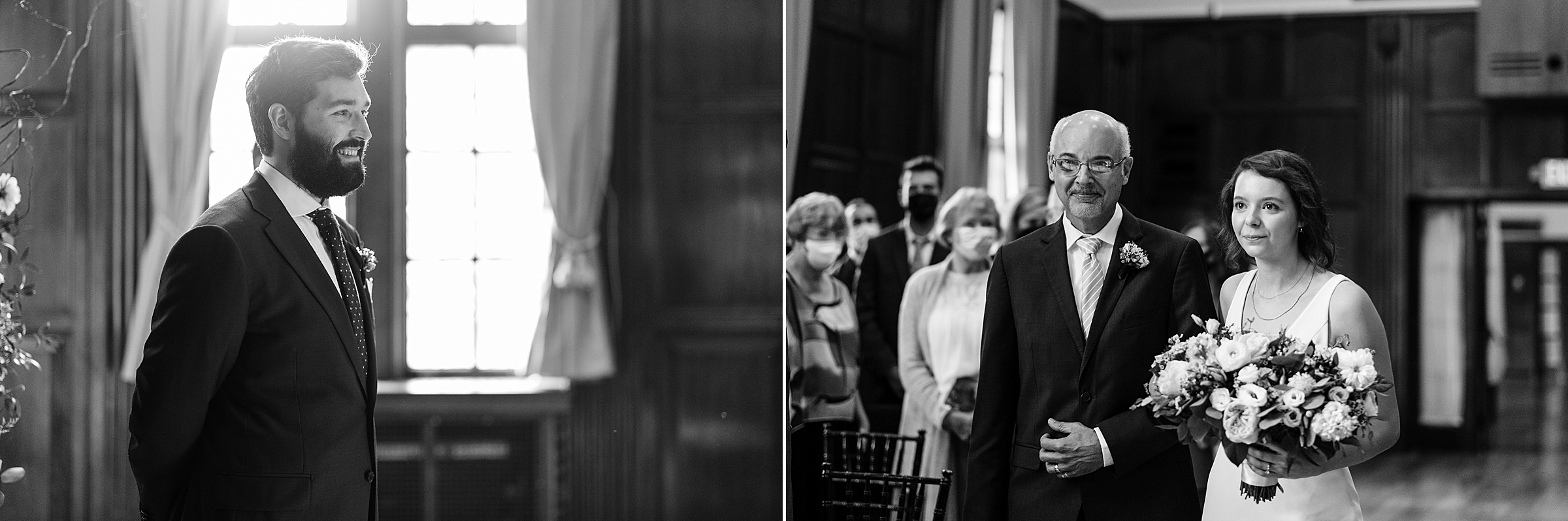 Black and white photo of the groom watching is bride walk down the aisle, bride walks down the aisle with father of the bride by Detroit Wedding Photographer Michele Maloney