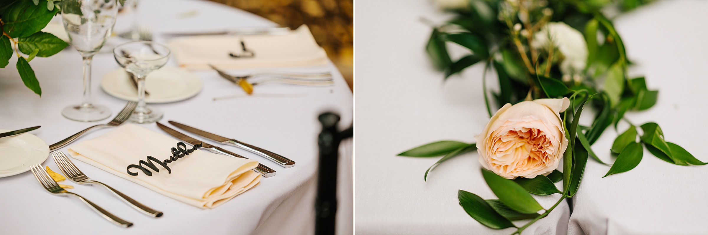 Detailed shot of place settings for the bride and groom's wedding reception by Detroit Wedding Photographer Michele Maloney