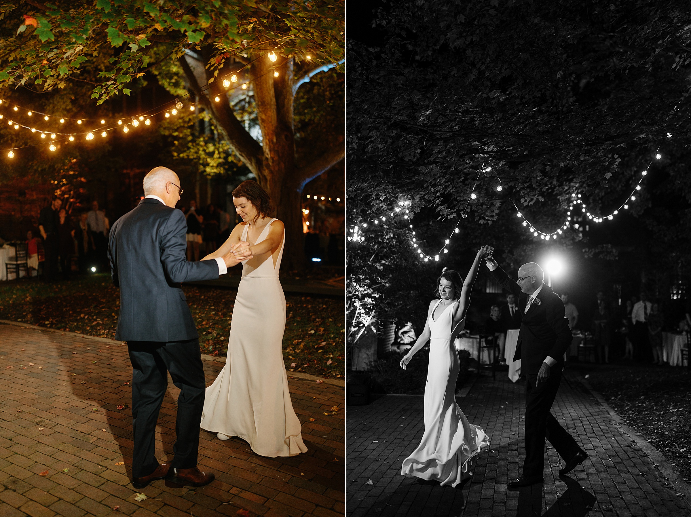 The father daughter dance takes place under the cafe lights of an outdoor reception by Detroit Wedding Photographer Michele Maloney