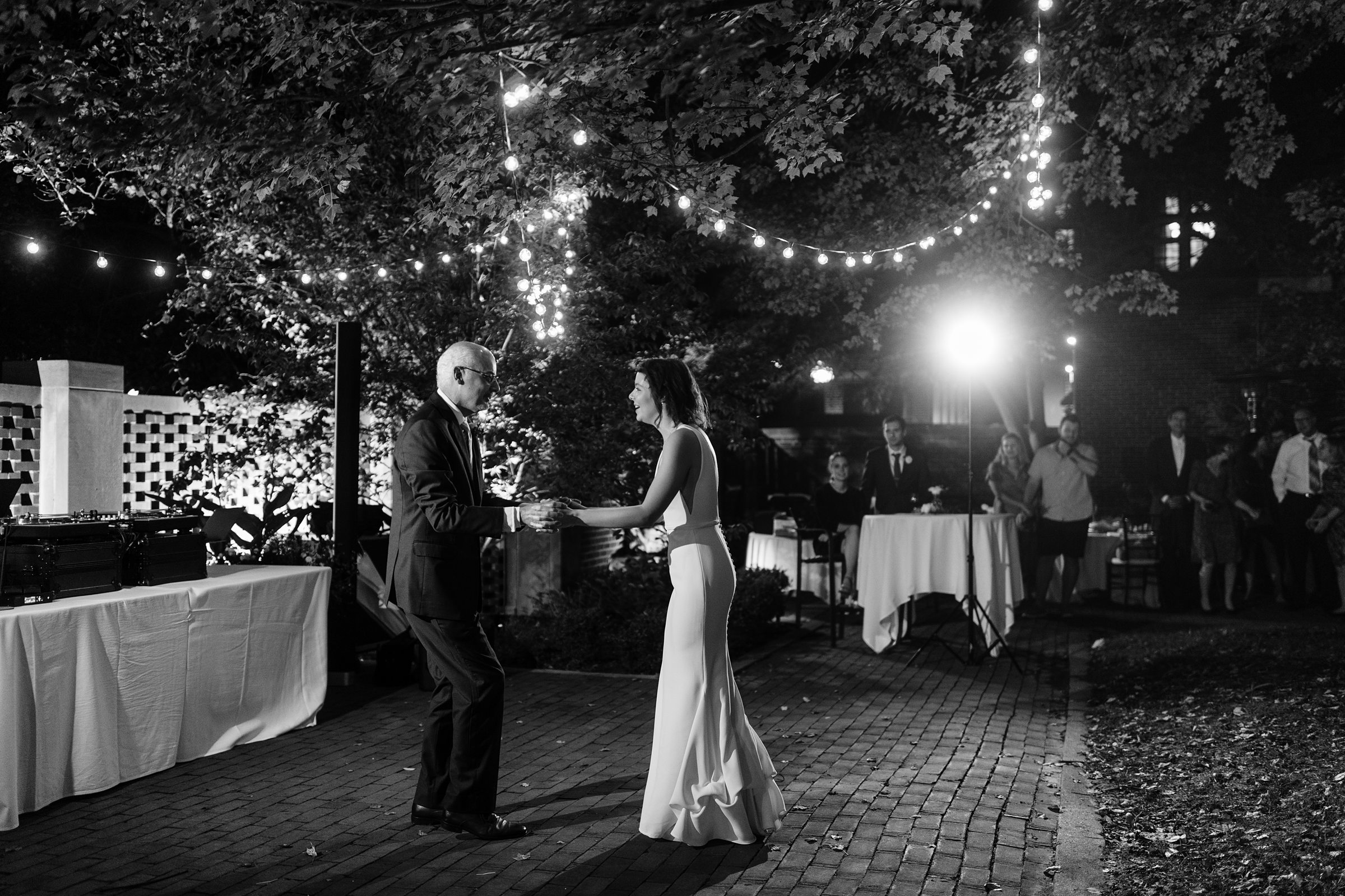 Black and white photo of the father daughter dance at The Inn at the Michigan League Wedding by Detroit Wedding Photographer Michele Maloney