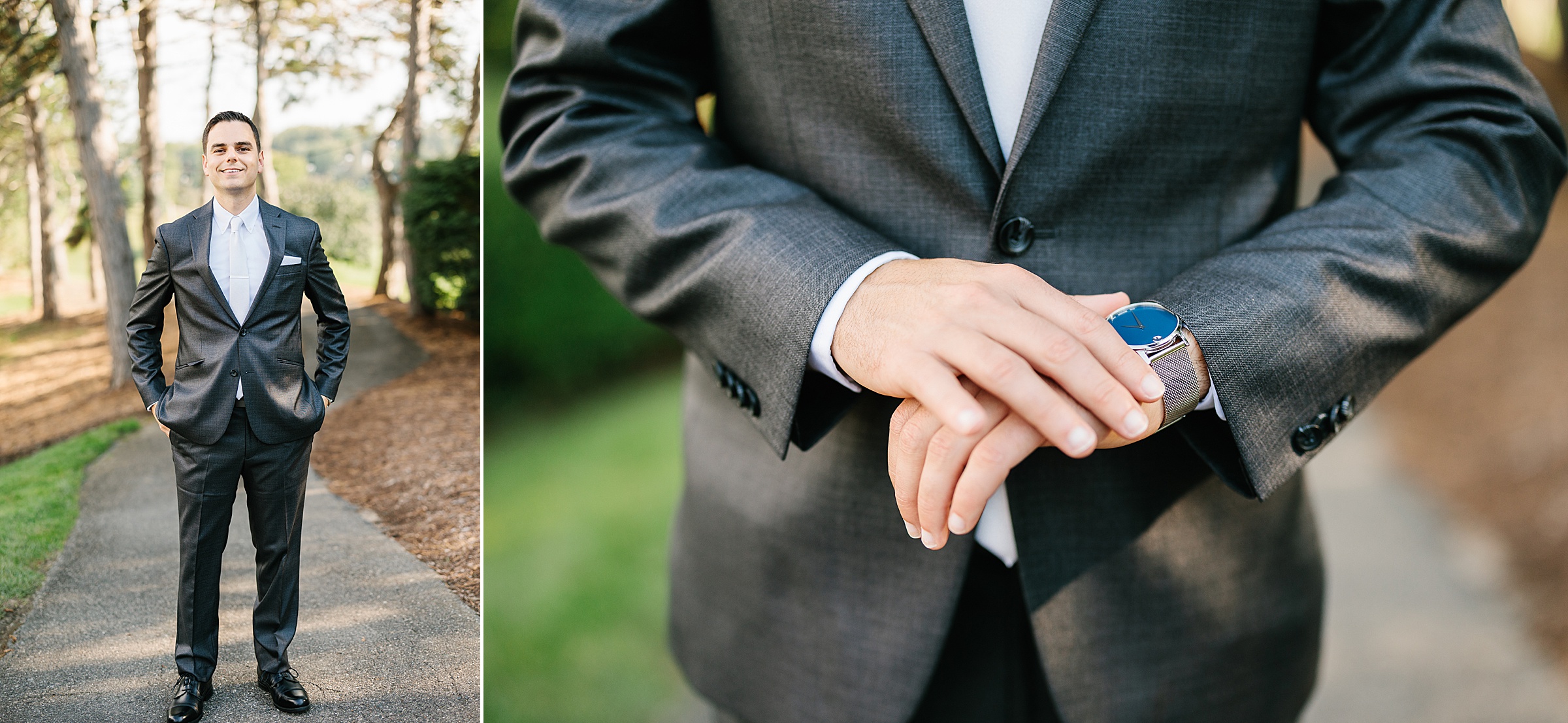 Groom takes portrait with hands in pockets; close up of groom's hands with watch by Detroit Wedding Photographer Michele Maloney