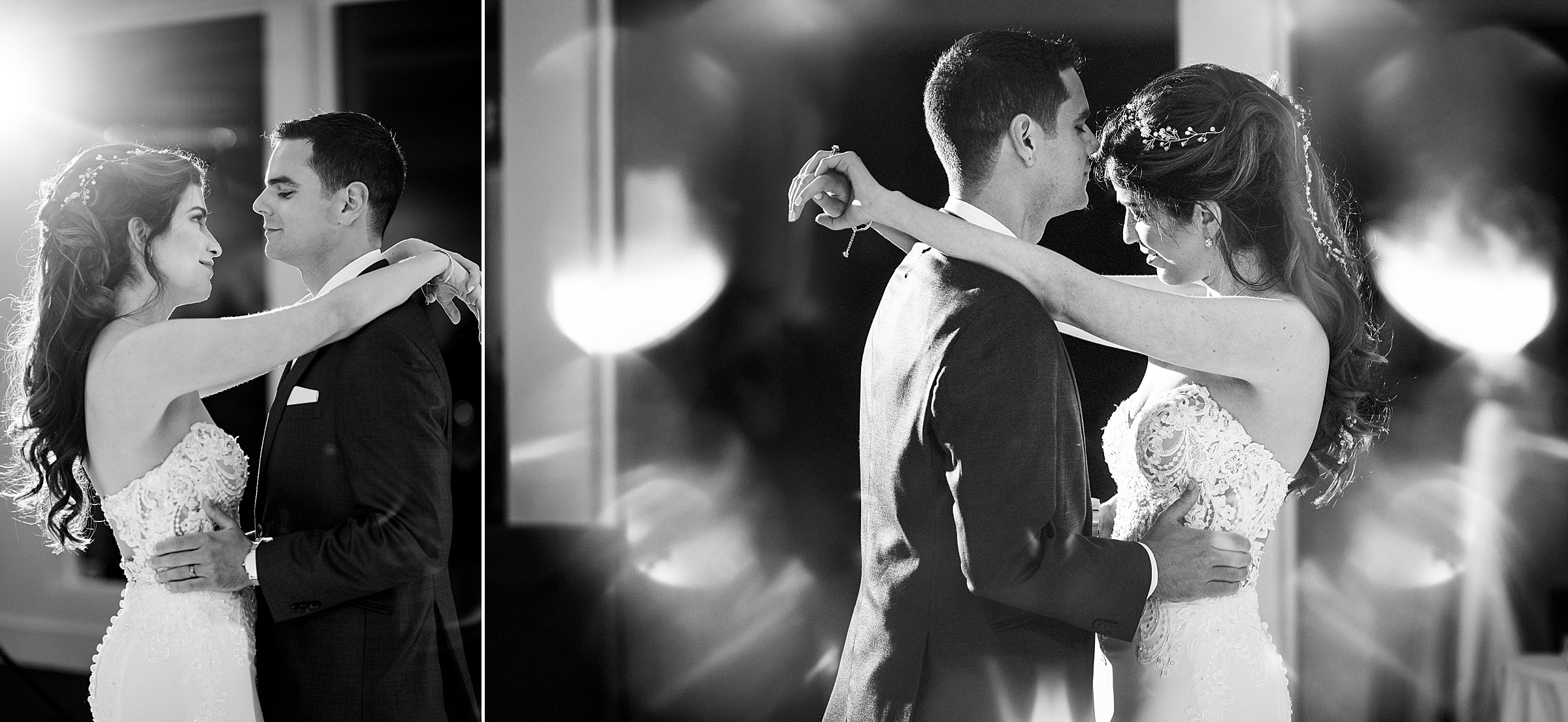 Black and white photo of bride and groom's first dance by Detroit Wedding Photographer Michele Maloney