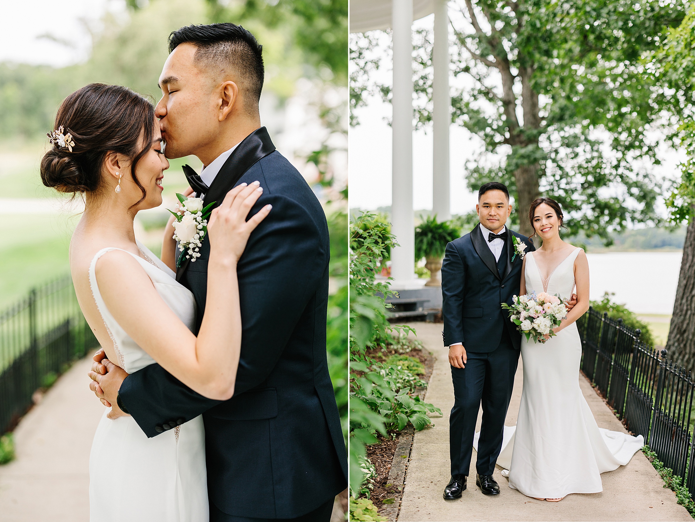 Groom kisses bride's forehead; bride and groom smile for portraits at their Waldenwoods Summer Wedding by Detroit Wedding Photographer Michele Maloney