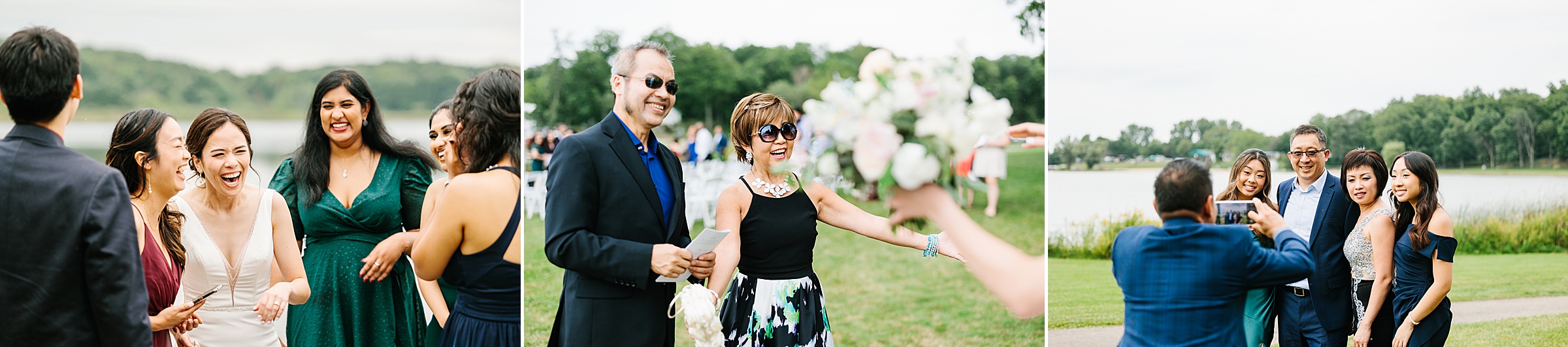 Bride is laughing with loved ones, guests smile and greet each other; guests take photos together during the Walenwoods summer wedding by Detroit Wedding Photographer Michele Maloney