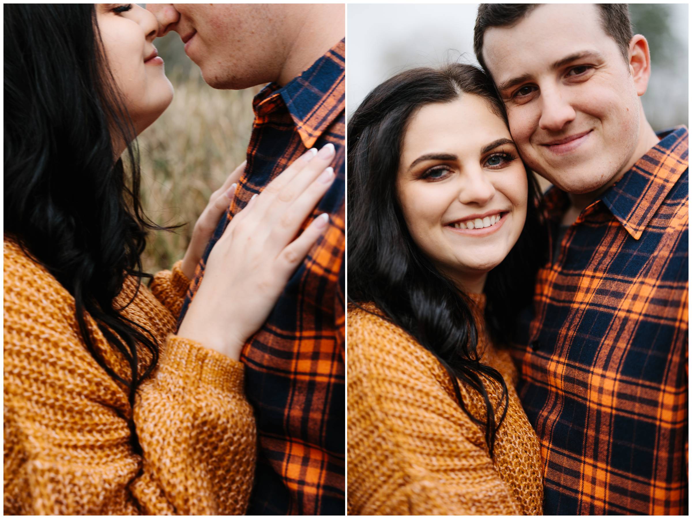 Engaged couple eskimo kisses and smiles for the camera by Detroit Wedding Photographer Michele Maloney