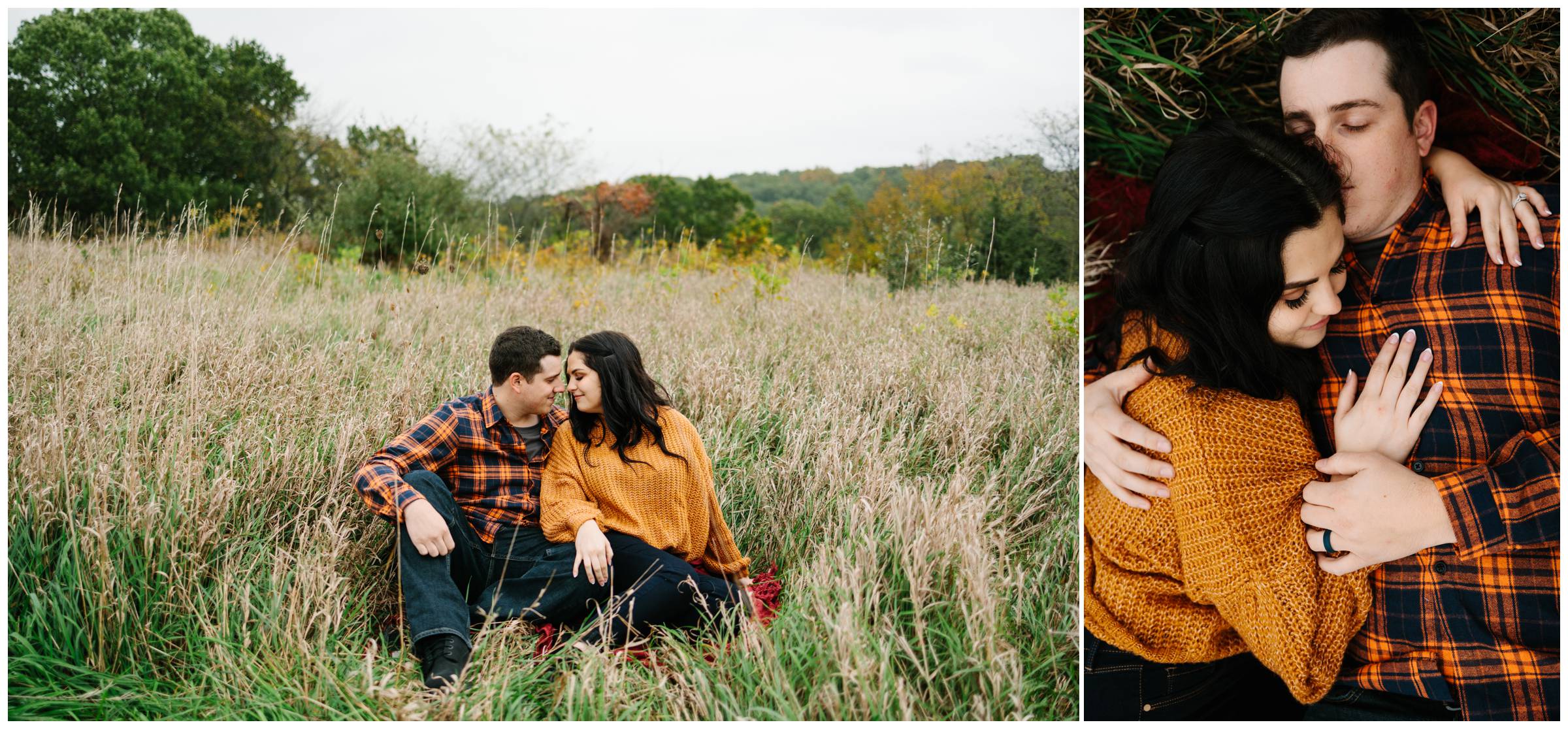 Engaged couple sits and lays in the grass at Kensington Metropark by Detroit Wedding Photographer Michele Maloney