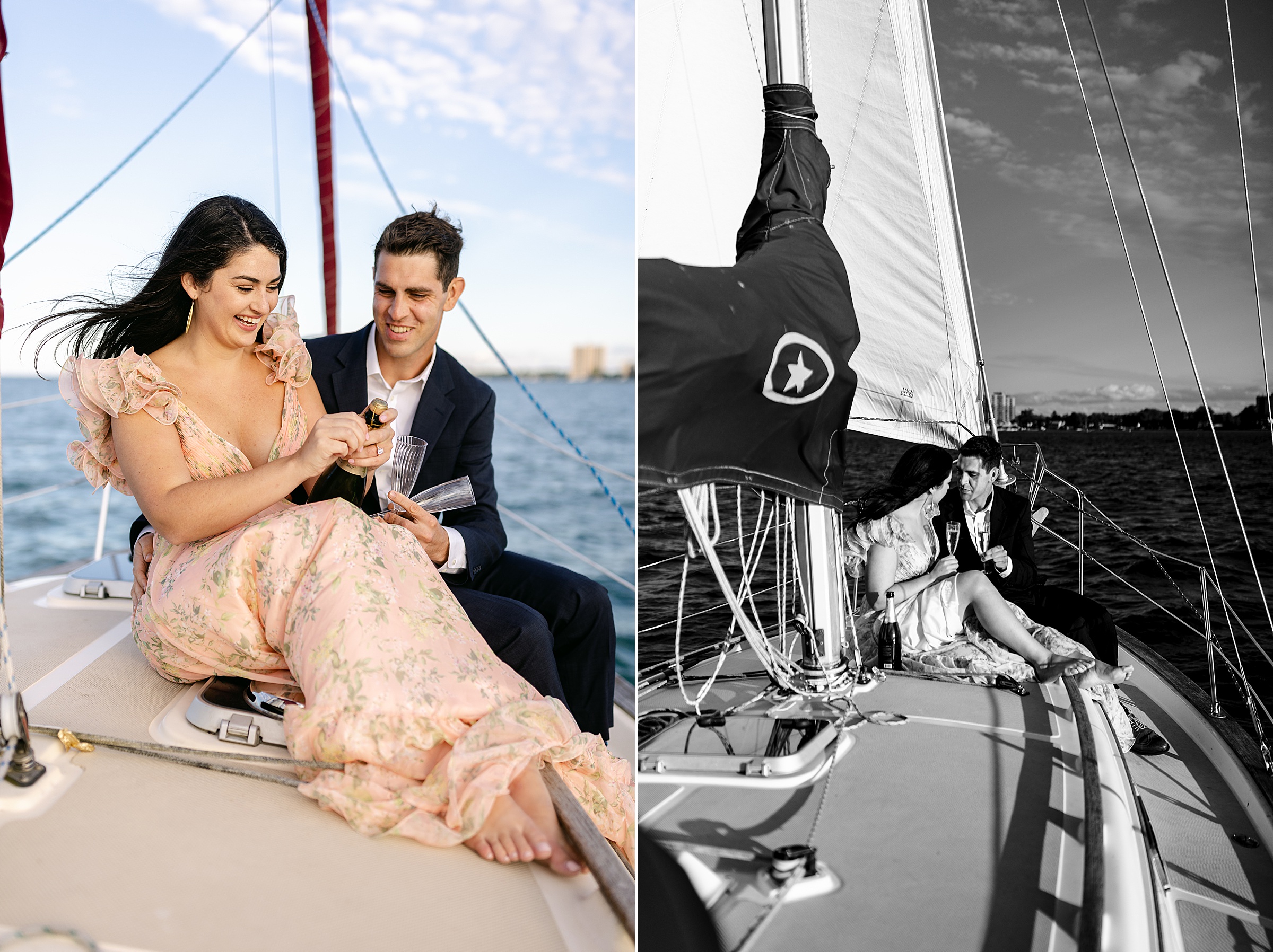 Couple opening champagne bottle during a sailboat engagement session by Michele Maloney Photography