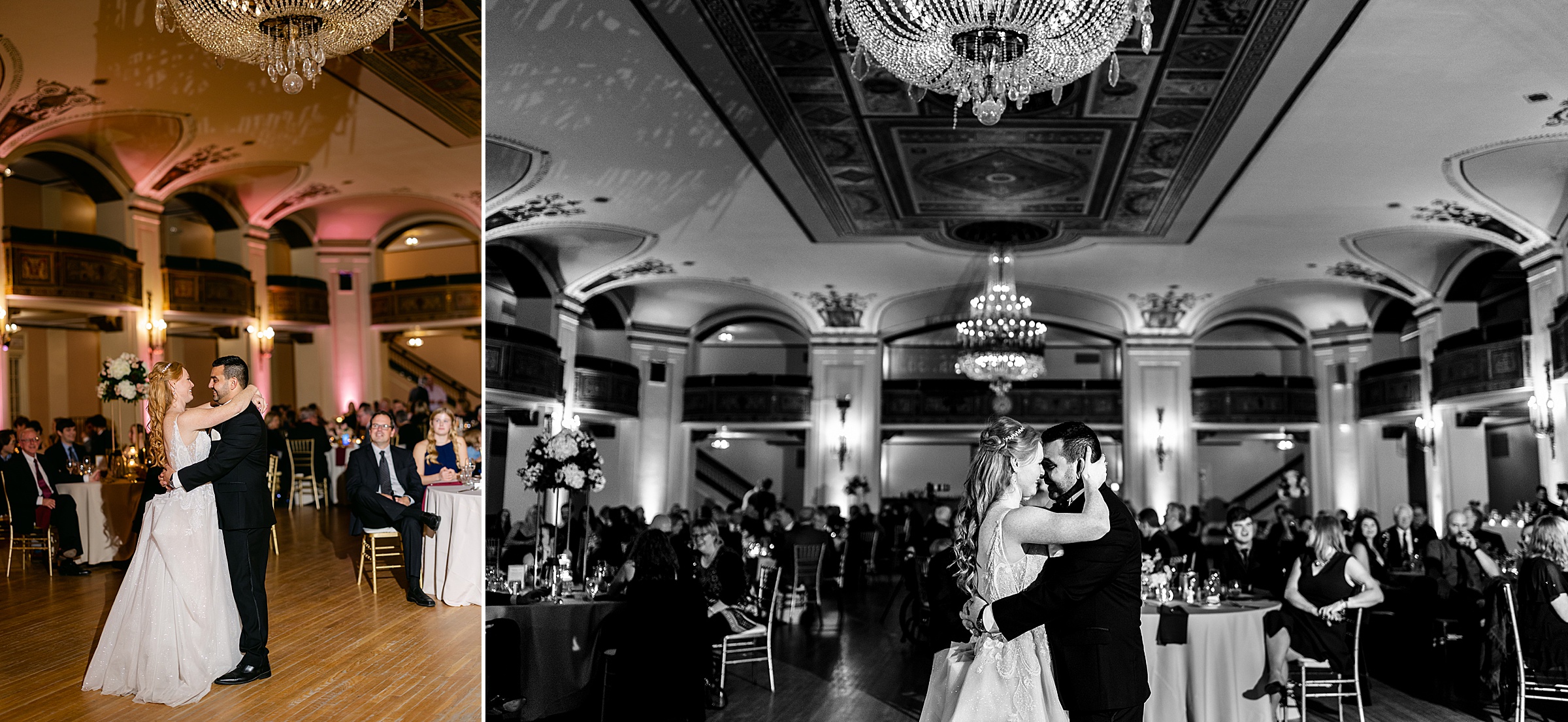 Bride and Groom's first dance in the ballroom at the masonic temple in Detroit by Michele Maloney Photography
