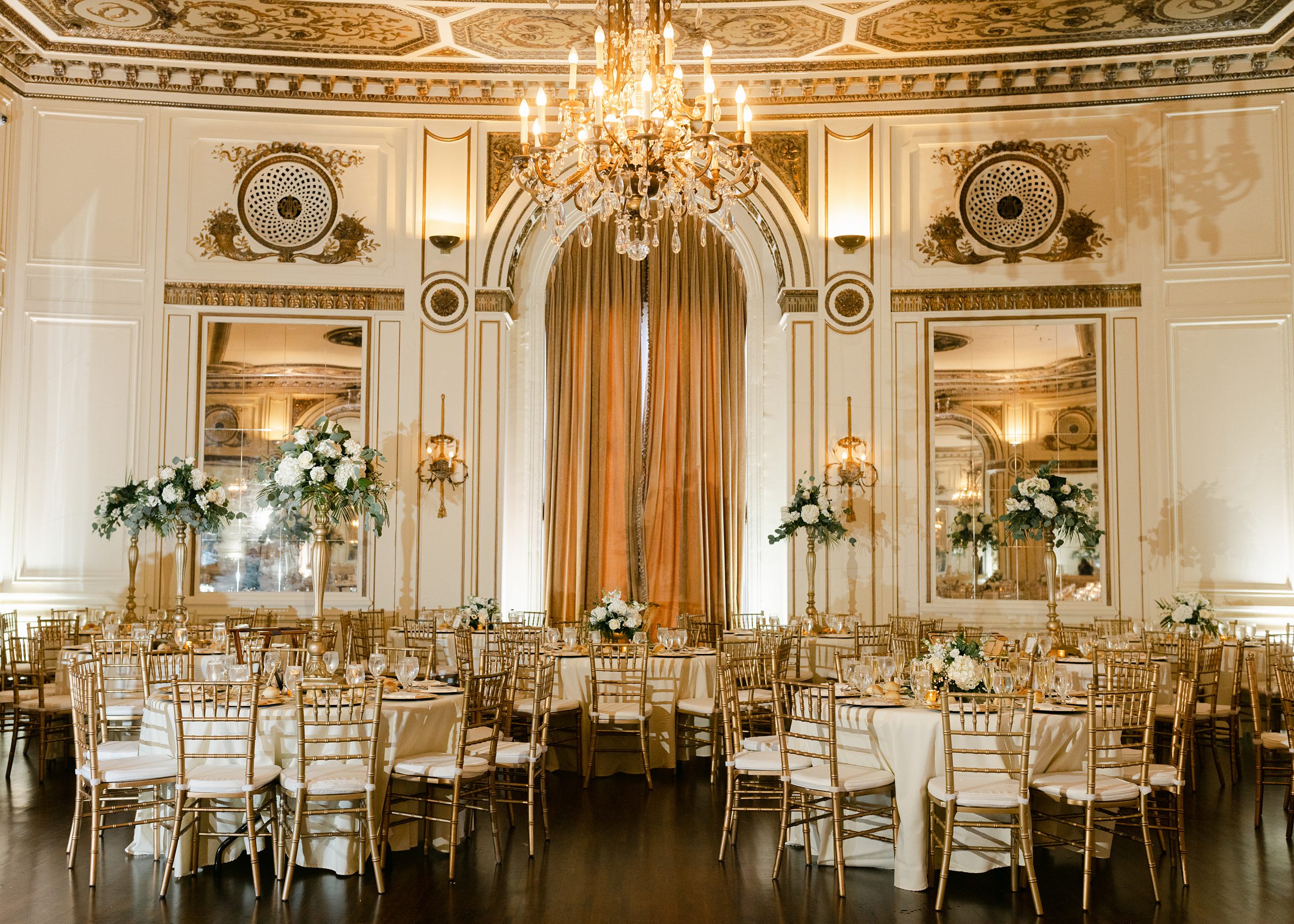 gold and white indoor ballroom at Colony Club Detroit wedding