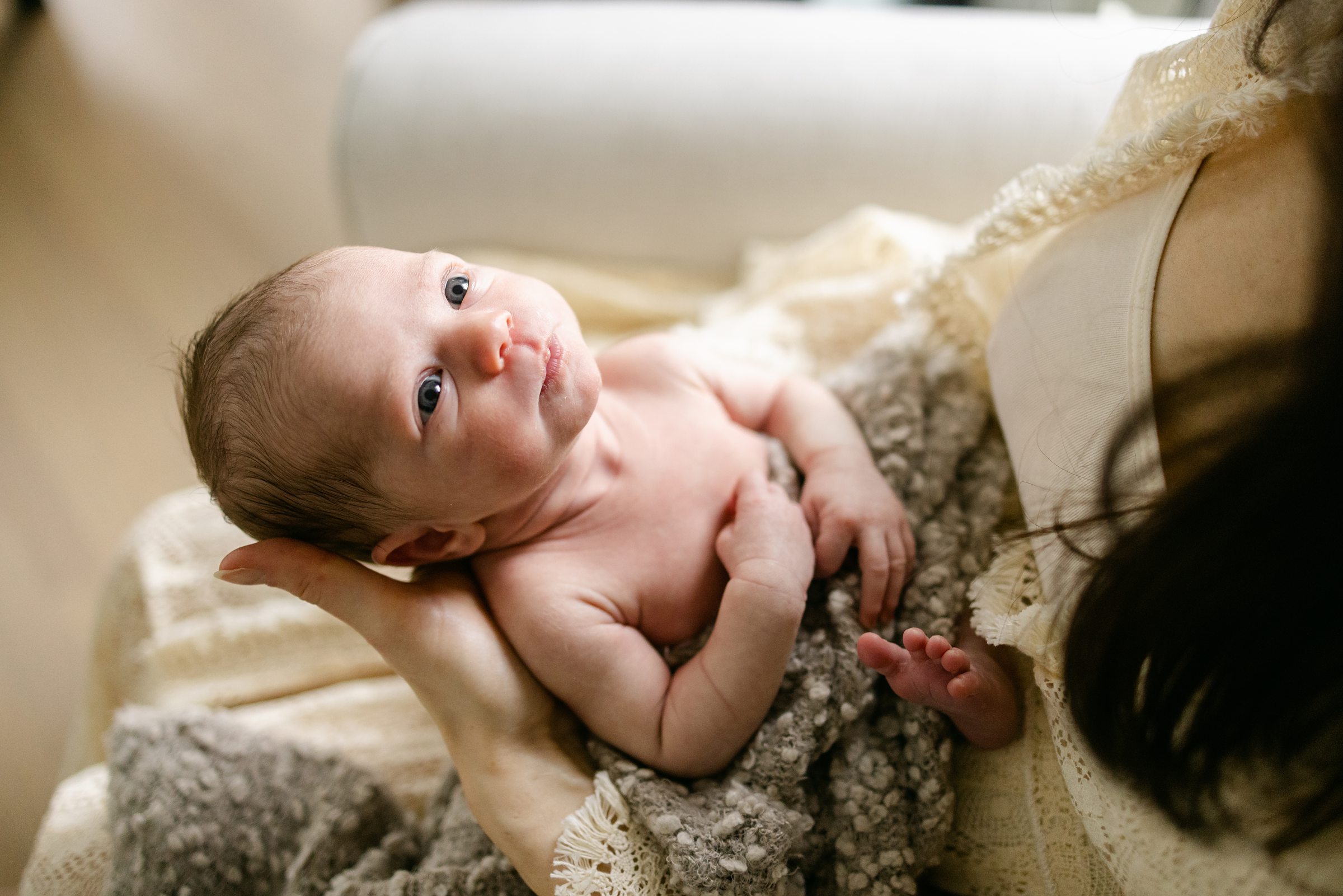 newborn looking at mom wide awake by michele maloney photography