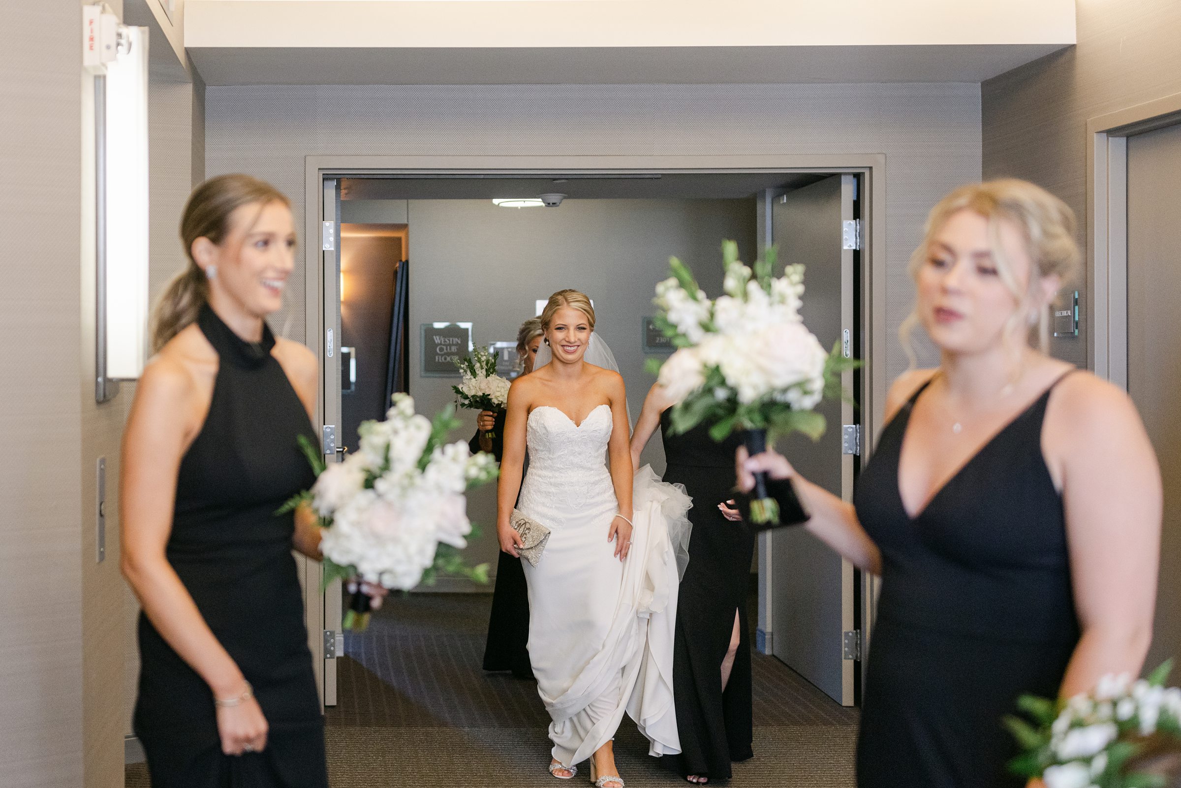 Bride leaving for the church with her wedding party
