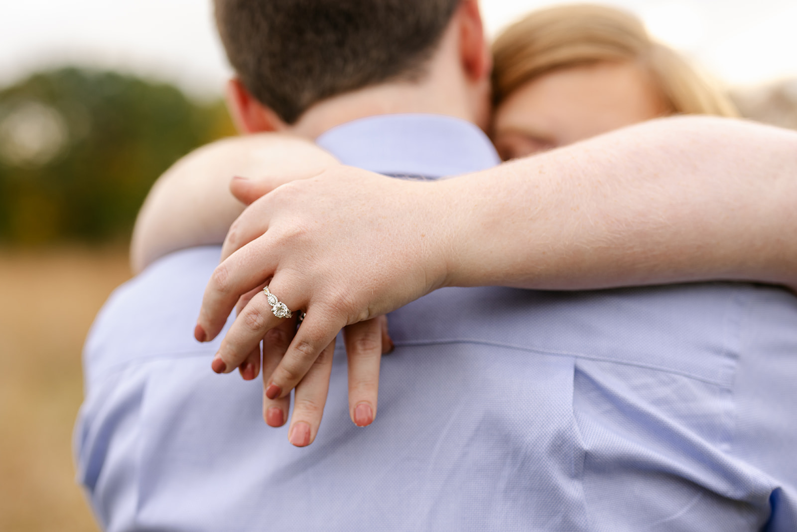 Close up of Elyse's engagement ring during their Stony Creek Fall Engagement.