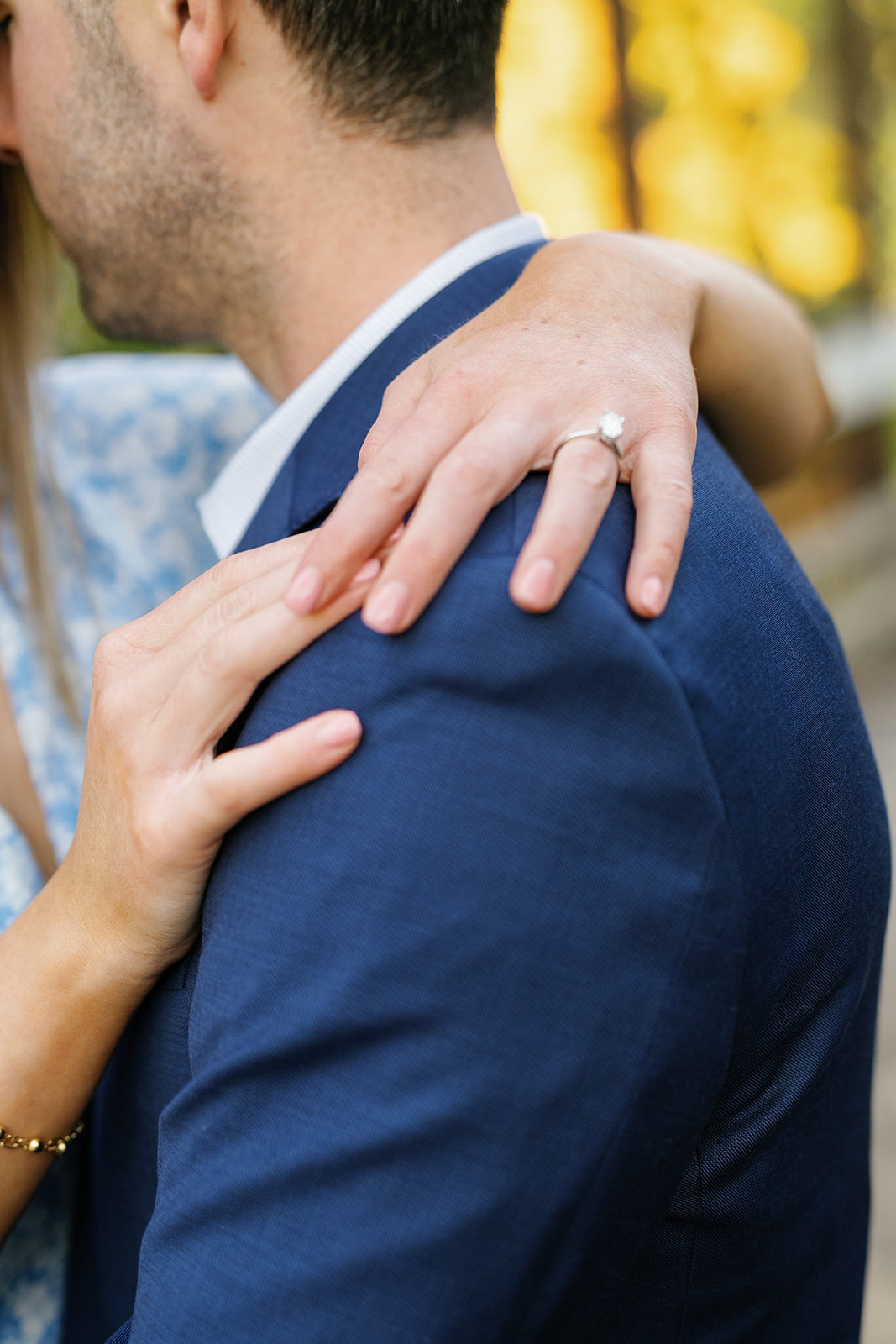 Close-up of Lauren’s engagement ring during their Island Park Engagement session.