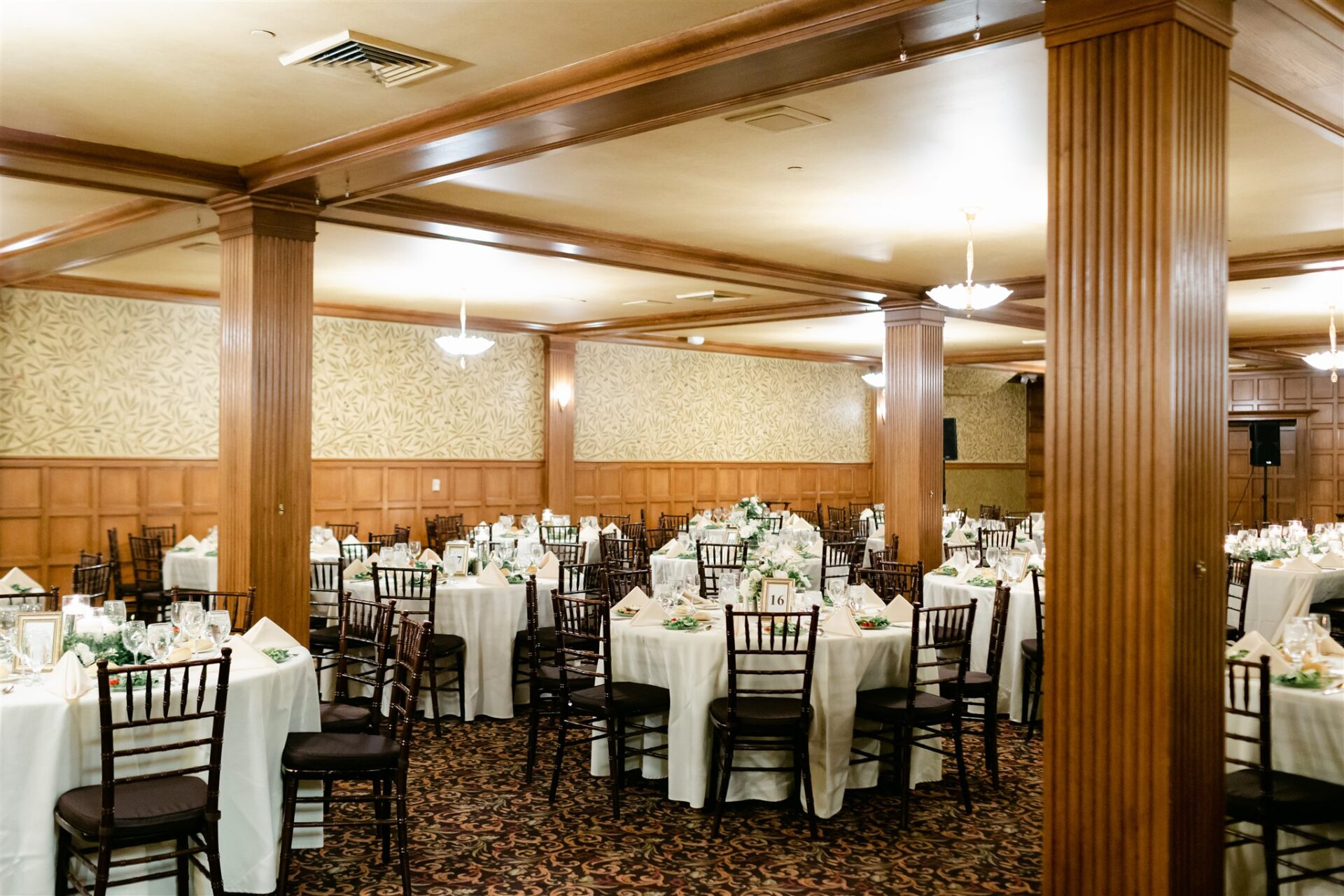 Elegant reception setup for David and Christine’s Gem Theatre wedding.