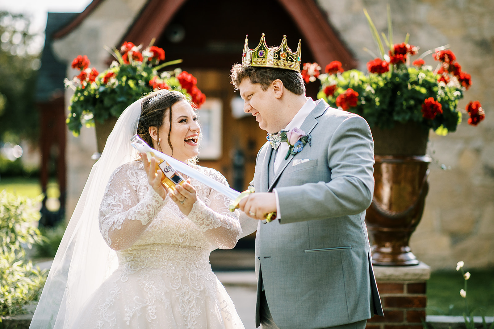 Couple having fun at National Shrine of the Little Flower Basilica during their intimate Royal Oak wedding.
