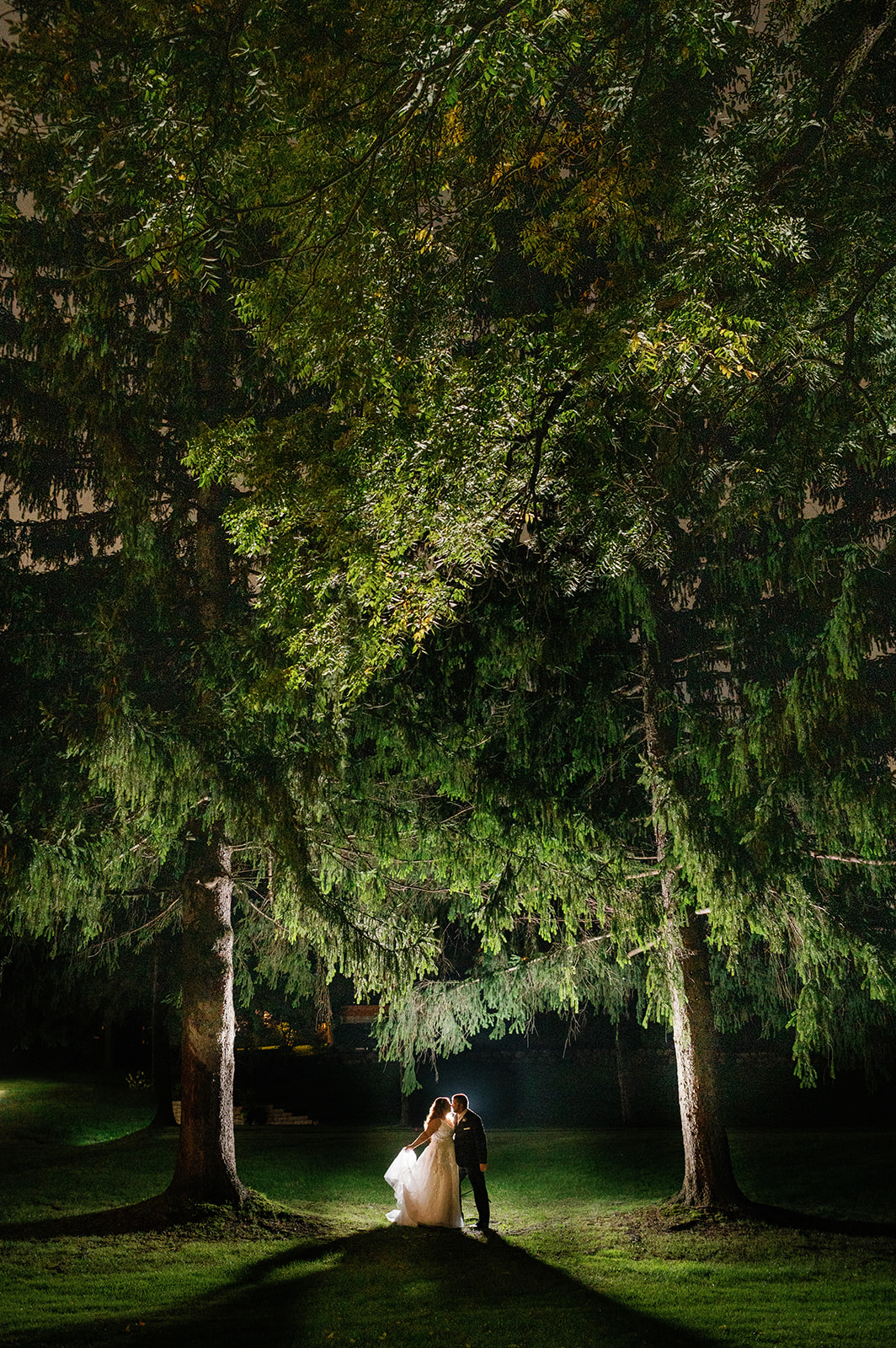 Night portrait of Adam & Lauren at the Summer Pine Knob Carriage House Wedding.