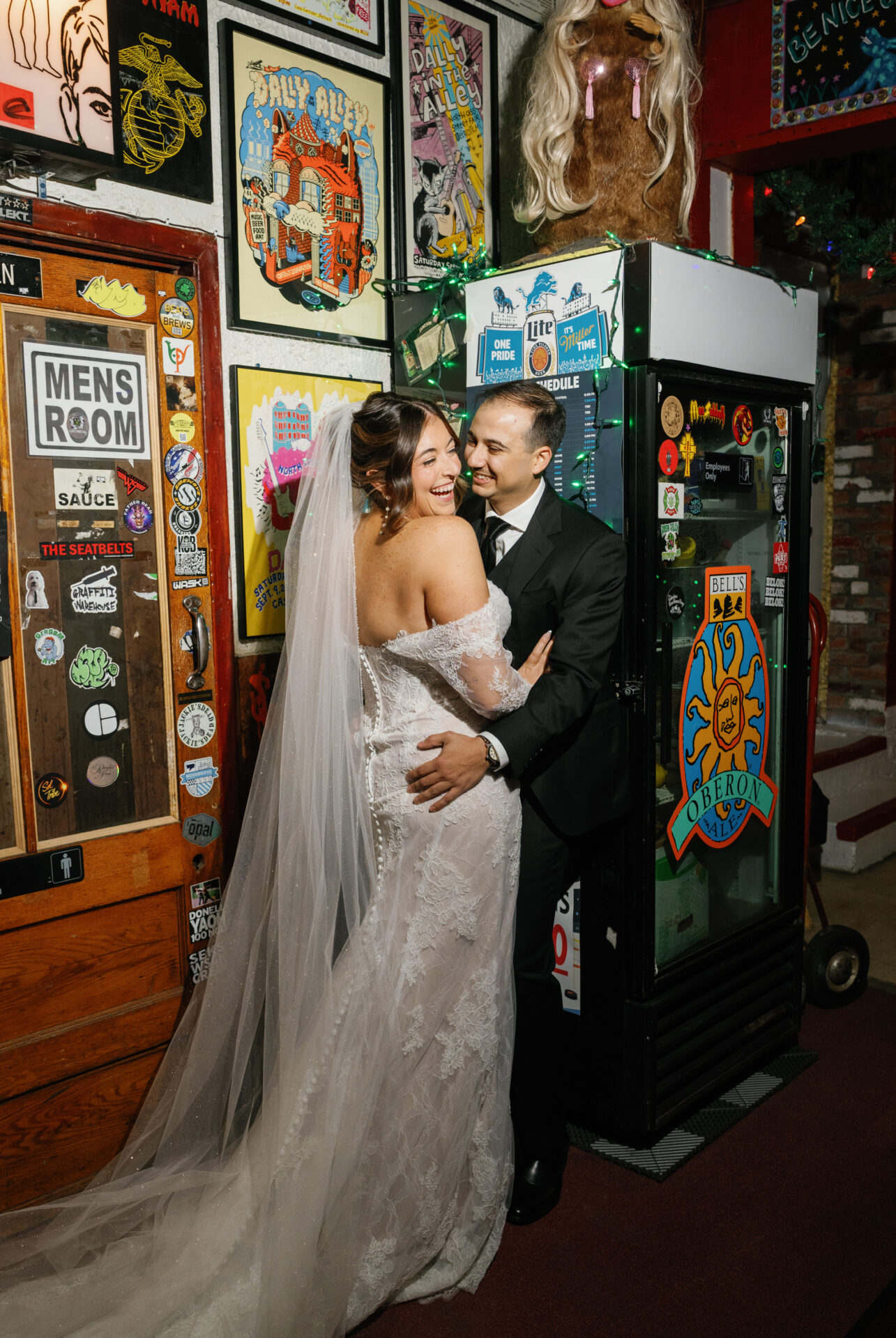 bride and groom at the Old Miami before the reception at Waterview Loft in Detroit
